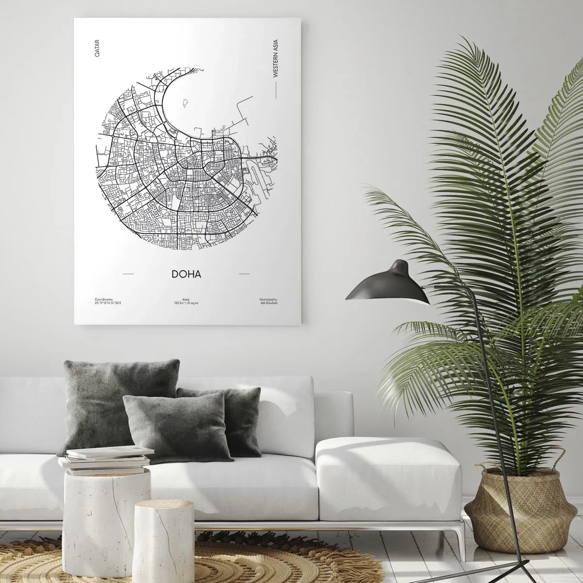 Quadro su vetro - Una mappa minimalista di Doha in bianco e nero con dettagli precisi. - 80x120cm - Anatomia di Doha - Decorazione murale moderna per soggiorno e camera da letto ARTTOR