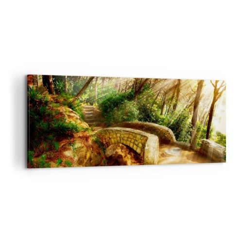 Quadro su tela - Stampe su Tela - Paesaggio forestale con raggi di sole e un ponte di pietra - 120x50cm - Dal ponte direttamente nel bosco delle fiabe - Decorazione murale moderna per soggiorno e camera da letto ARTTOR