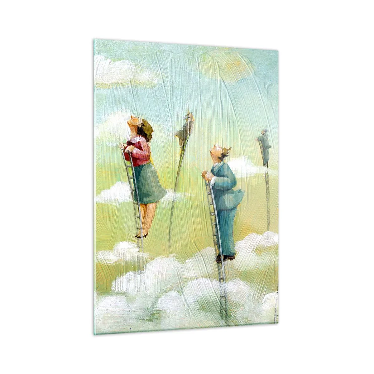 Quadro su vetro - Figure che salgono le scale tra le nuvole - 50x70cm - Seguendo i propri sogni - Decorazione murale moderna per soggiorno e camera da letto ARTTOR