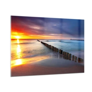 Quadro su vetro - Tramonto sul mare con frangiflutti in legno - 100x70cm - Ascolta il silenzio - Decorazione murale moderna per soggiorno e camera da letto ARTTOR