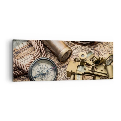 Quadro su tela - Stampe su Tela - Una bussola, un sestante e un telescopio sullo sfondo di una vecchia mappa e di una corda nautica. - 140x50cm - Traccia la rotta - Decorazione murale moderna per soggiorno e camera da letto ARTTOR