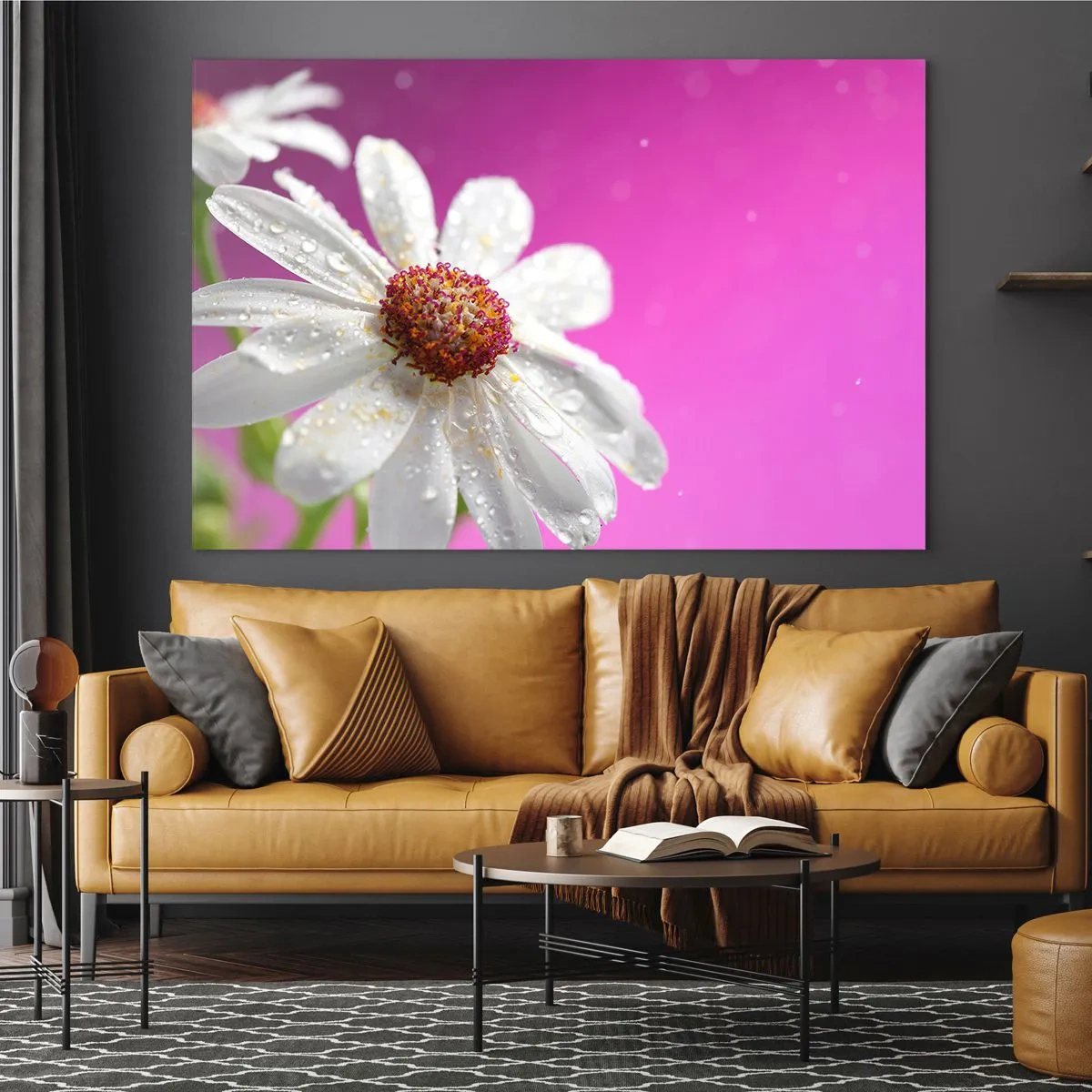 Quadro su vetro - Macrofotografia di un fiore bianco con gocce di rugiada su uno sfondo rosa - 100x70cm - Modesto nella sua bellezza - Decorazione murale moderna per soggiorno e camera da letto ARTTOR