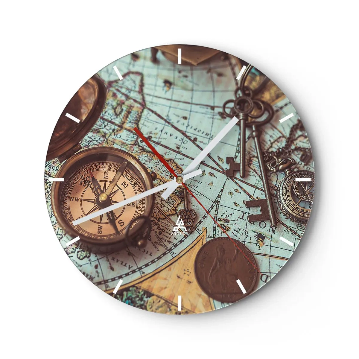 Orologio da parete - Orologio in Vetro - Bussola, monete e una mappa retrò - 30x30cm - Per il cercatore di avventure - Decorazione murale moderna per soggiorno, cucina e camera da letto ARTTOR