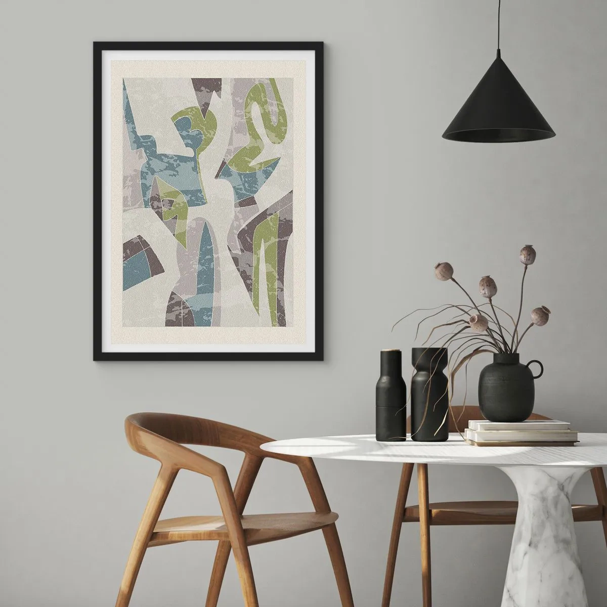 Poster in cornice nera - Figure astratte nei toni del verde e del blu - 50x70cm - Composizione oltre il vetro - Decorazione murale moderna per soggiorno e camera da letto ARTTOR