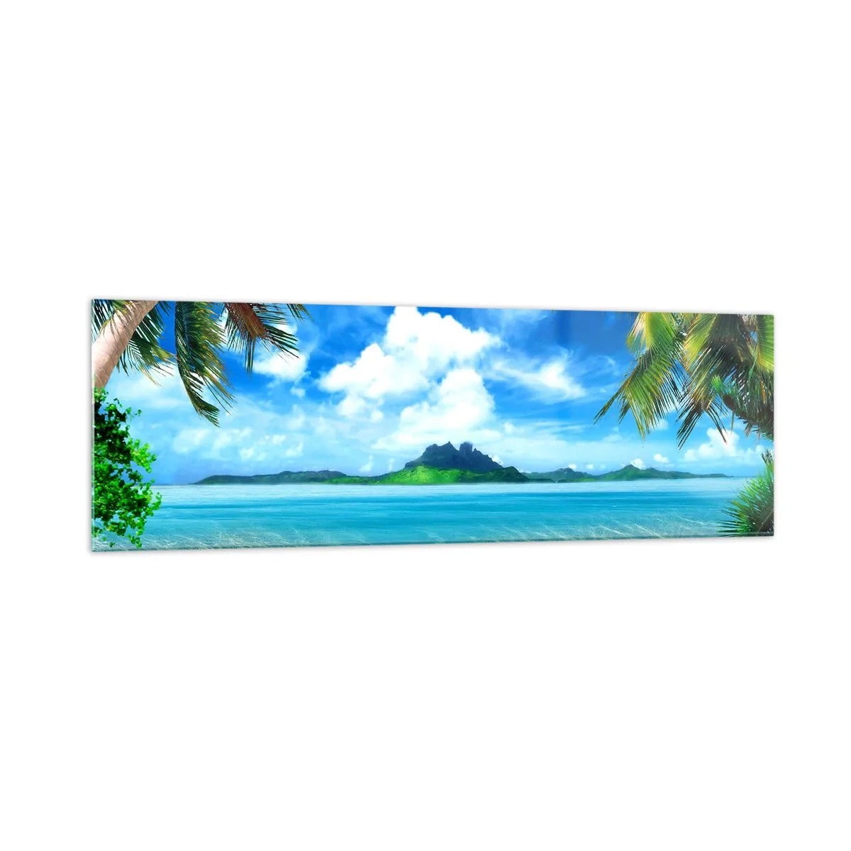 Quadro su vetro - Spiaggia tropicale con palme e vista sull'isola - 160x50cm - L'azzurro dei tropici - Decorazione murale moderna per soggiorno e camera da letto ARTTOR