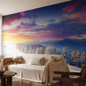 Fotomurali Premium Sand - Paesaggio montano invernale al tramonto - 100x70cm - Una bianca giornata - Decorazione murale moderna per soggiorno e camera da letto ARTTOR