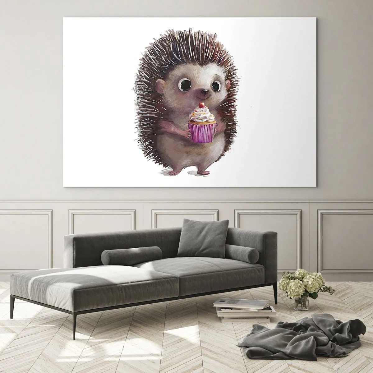 Quadro su vetro - Un simpatico riccio con un cupcake su uno sfondo bianco - 120x80cm - Festa ogni giorno - Decorazione murale moderna per soggiorno e camera da letto ARTTOR
