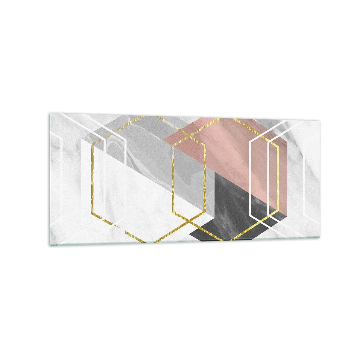 Quadro su vetro - Figure geometriche con accenti in oro e marmo - 120x50cm - Composizione a catena - Decorazione murale moderna per soggiorno e camera da letto ARTTOR