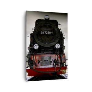 Quadro su tela - Stampe su Tela - Una locomotiva a vapore circondata dal vapore contro un cielo scuro in un ambiente suggestivo - 80x120cm - Ansima, sbuffa e soffia - Decorazione murale moderna per soggiorno e camera da letto ARTTOR