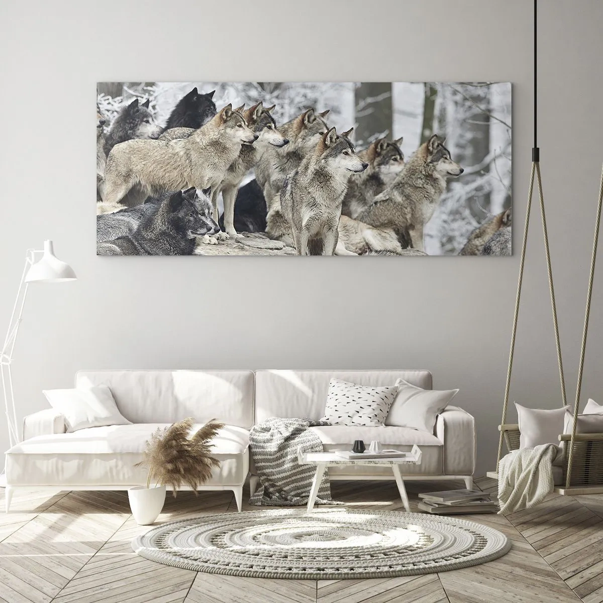 Quadro su vetro - Un branco di lupi nella foresta invernale - 140x50cm - Famiglia e amici - Decorazione murale moderna per soggiorno e camera da letto ARTTOR