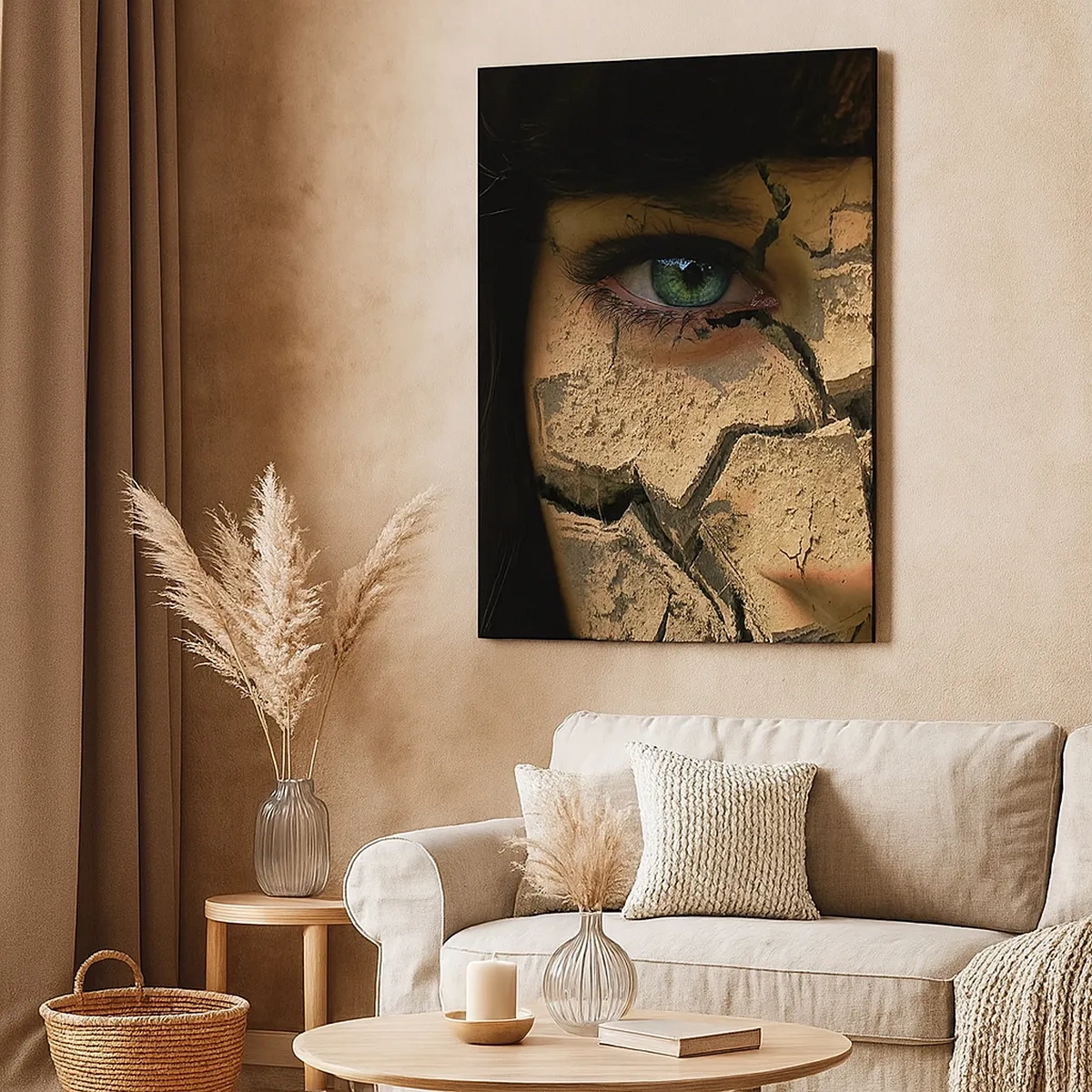 Quadro su tela - Stampe su Tela - Il volto di una donna con gli occhi verdi coperto da una struttura di terra screpolata - 50x70cm - Meraviglia e minaccia insieme - Decorazione murale moderna per soggiorno e camera da letto ARTTOR
