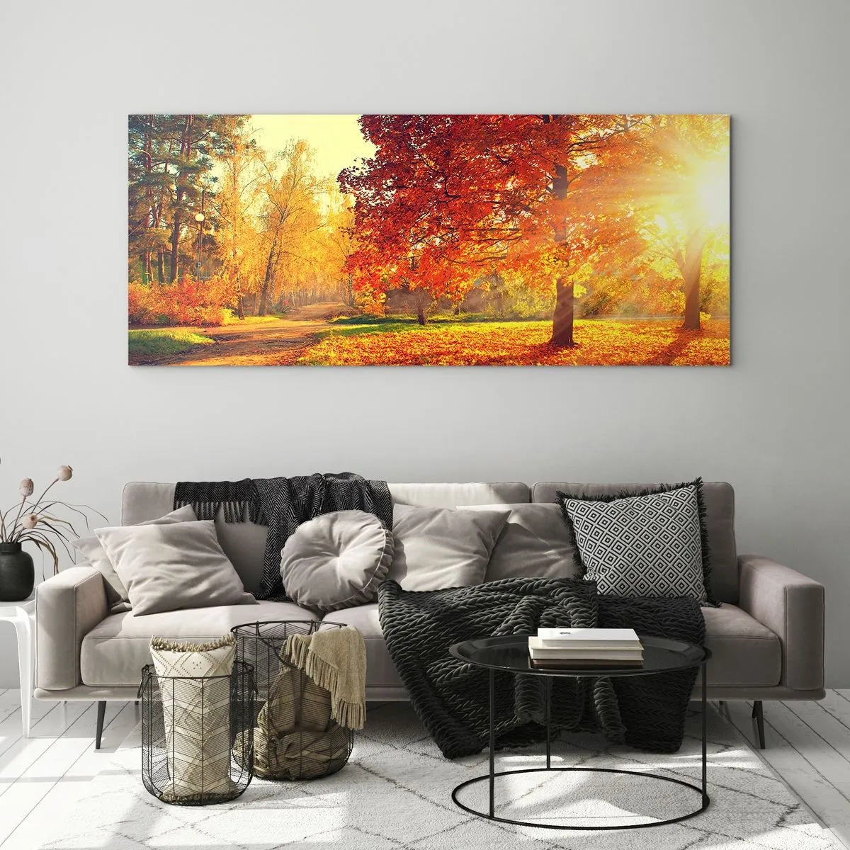 Quadro su vetro - Parco autunnale illuminato dalla luce del sole - 140x50cm - Rosso è bello - Decorazione murale moderna per soggiorno e camera da letto ARTTOR