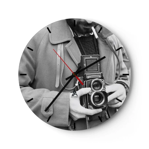 Orologio da parete - Orologio in Vetro - Uomo con una macchina fotografica analogica retrò - 30x30cm - In stile retro - Decorazione murale moderna per soggiorno, cucina e camera da letto ARTTOR