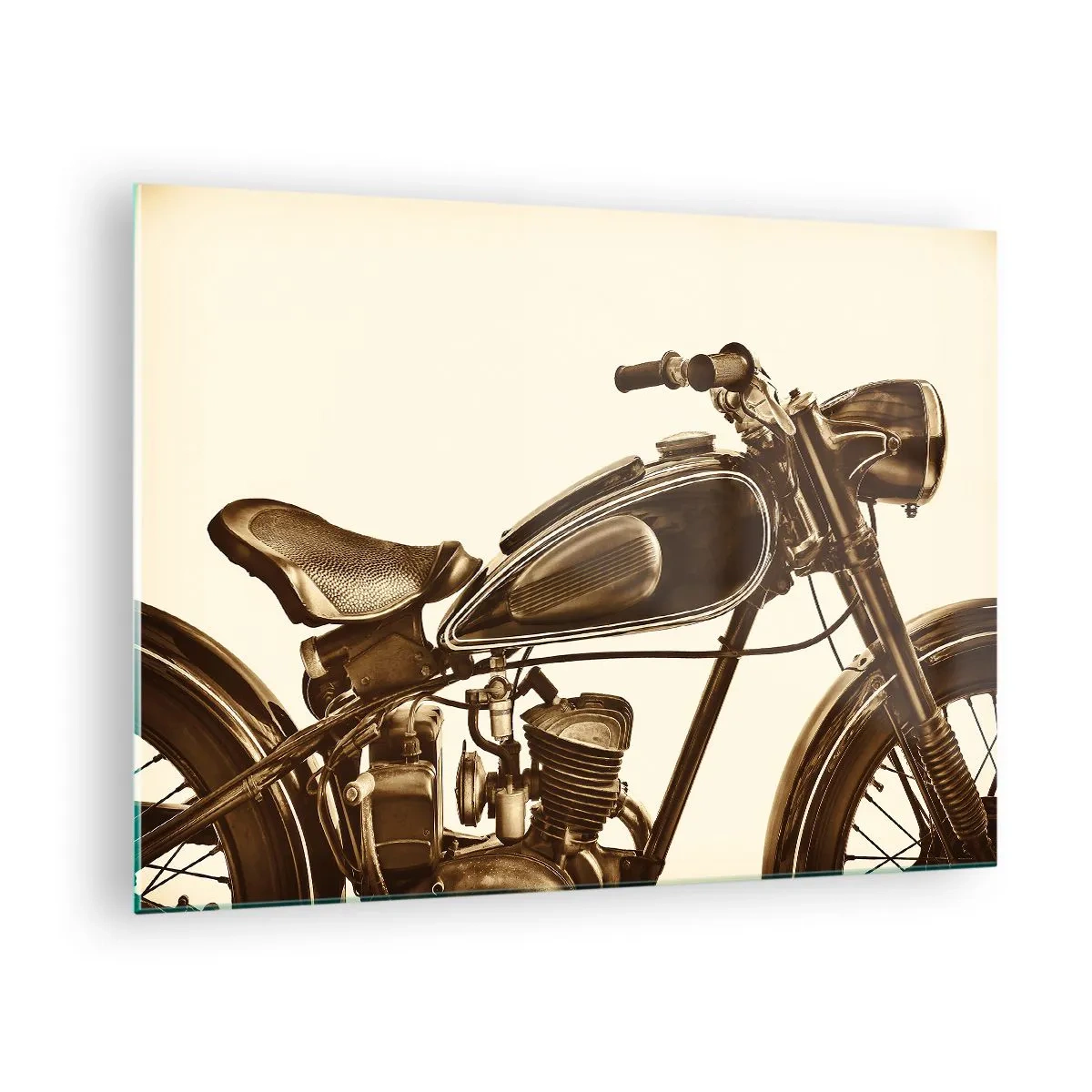 Quadro su vetro - Elegante motocicletta retrò in tonalità seppia su sfondo chiaro - 70x50cm - Nostalgia per la classicità - Decorazione murale moderna per soggiorno e camera da letto ARTTOR