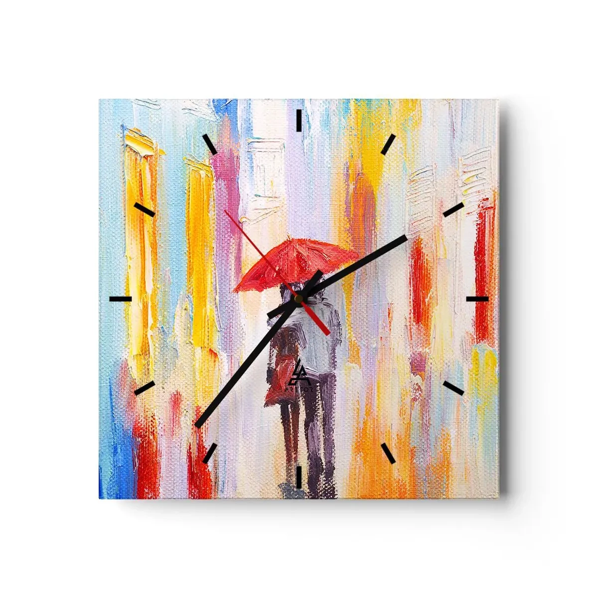 Orologio da parete - Orologio in Vetro - Una coppia sotto un ombrello rosso con edifici colorati sullo sfondo. - 30x30cm - Che piova ancora - Decorazione murale moderna per soggiorno e camera da letto ARTTOR