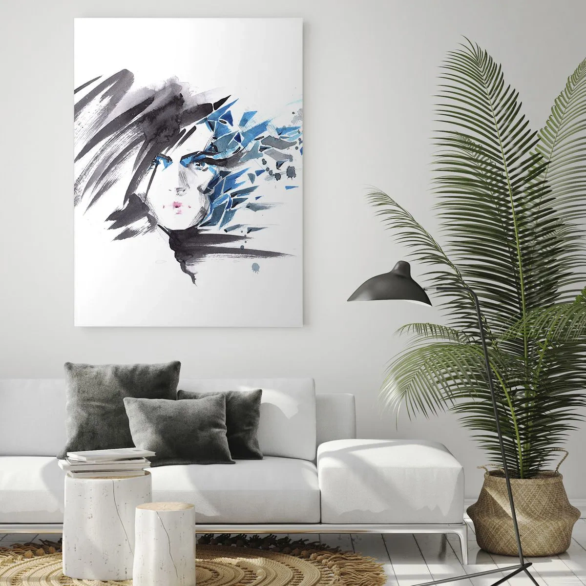 Quadro su vetro - Ritratto di una donna con accenti blu astratti - 50x70cm - Ritratto di sensualità in grigio e azzurro - Decorazione murale moderna per soggiorno e camera da letto ARTTOR