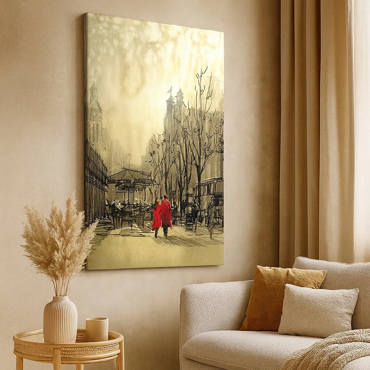 Quadro su tela - Stampe su Tela - Una figura rossa in un nostalgico contesto urbano - 50x70cm - Appuntamento nella nebbia di Londra - Decorazione murale moderna per soggiorno e camera da letto ARTTOR