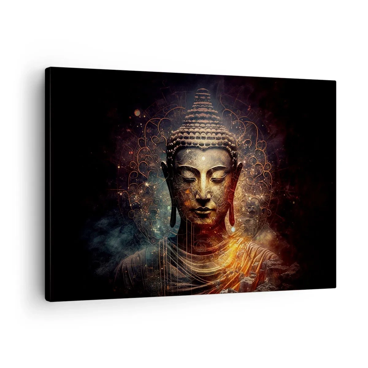 Quadro su tela - Stampe su Tela - Buddha dorato su sfondo scuro con ornamenti - 70x50cm - Equilibrio spirituale - Decorazione murale moderna per soggiorno e camera da letto ARTTOR