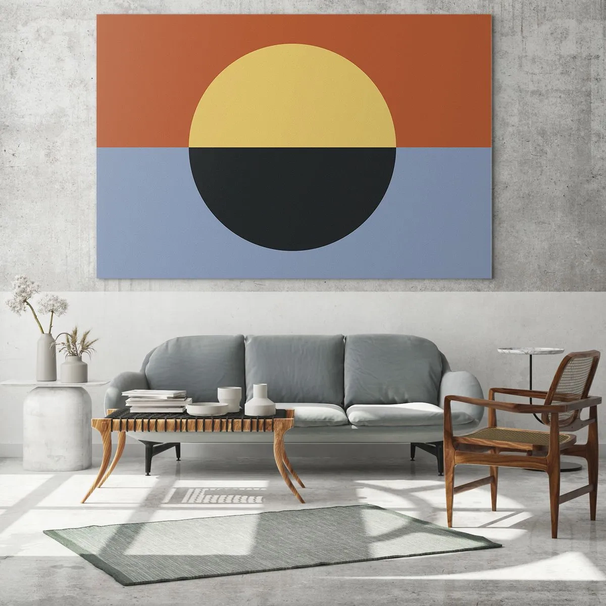 Quadro su vetro - Composizione astratta con un cerchio in tonalità calde e fredde - 100x70cm - Composizione di caldo e freddo - Decorazione murale moderna per soggiorno e camera da letto ARTTOR