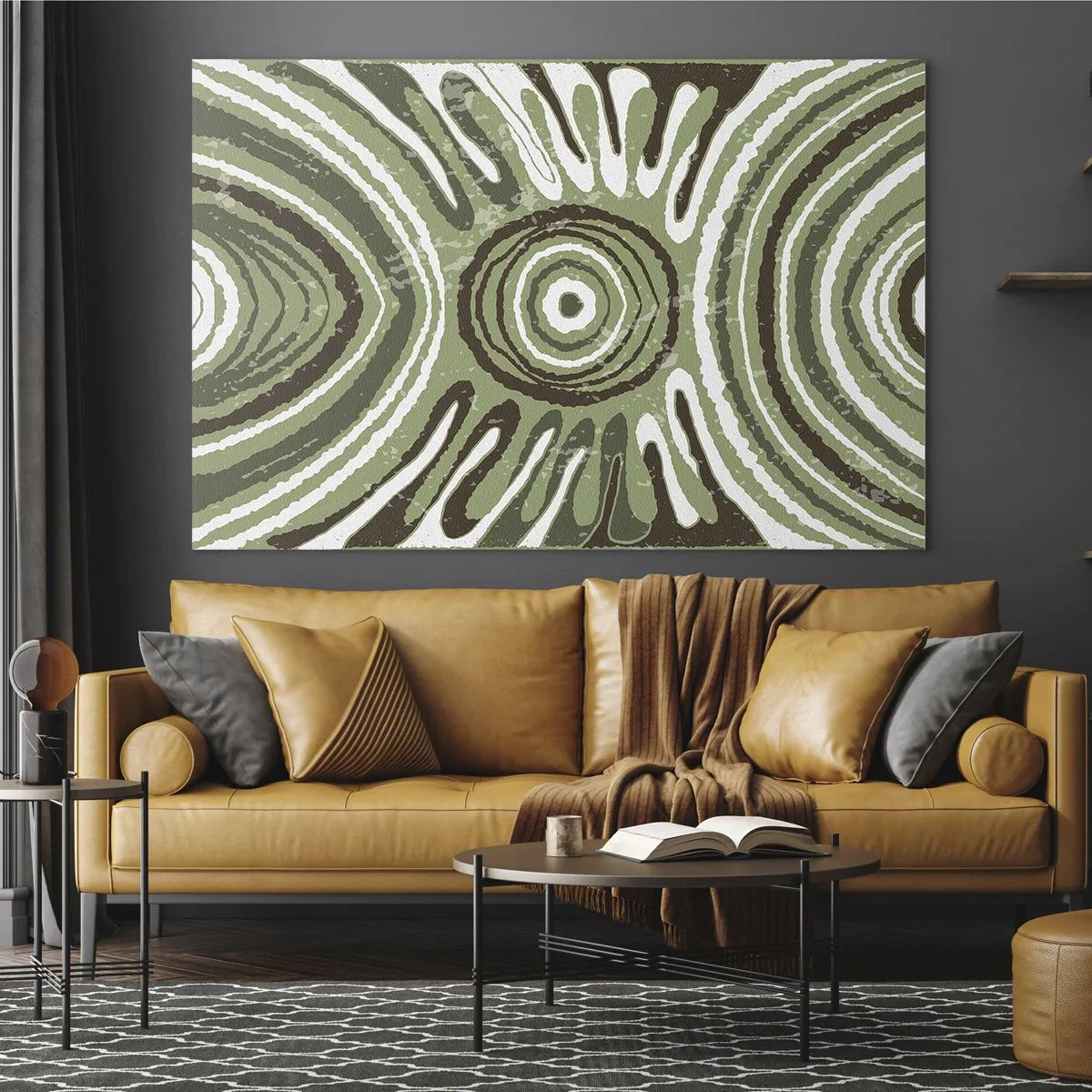Quadro su vetro - Cerchi concentrici verdi e linee astratte - 70x50cm - Esplosione di emozioni - Decorazione murale moderna per soggiorno e camera da letto ARTTOR