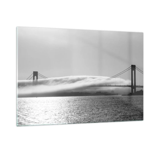 Quadro su vetro - Un ponte in bianco e nero con nebbia sull'acqua - 120x80cm - Navigare attraverso la Porta d'Oro - Decorazione murale moderna per soggiorno e camera da letto ARTTOR