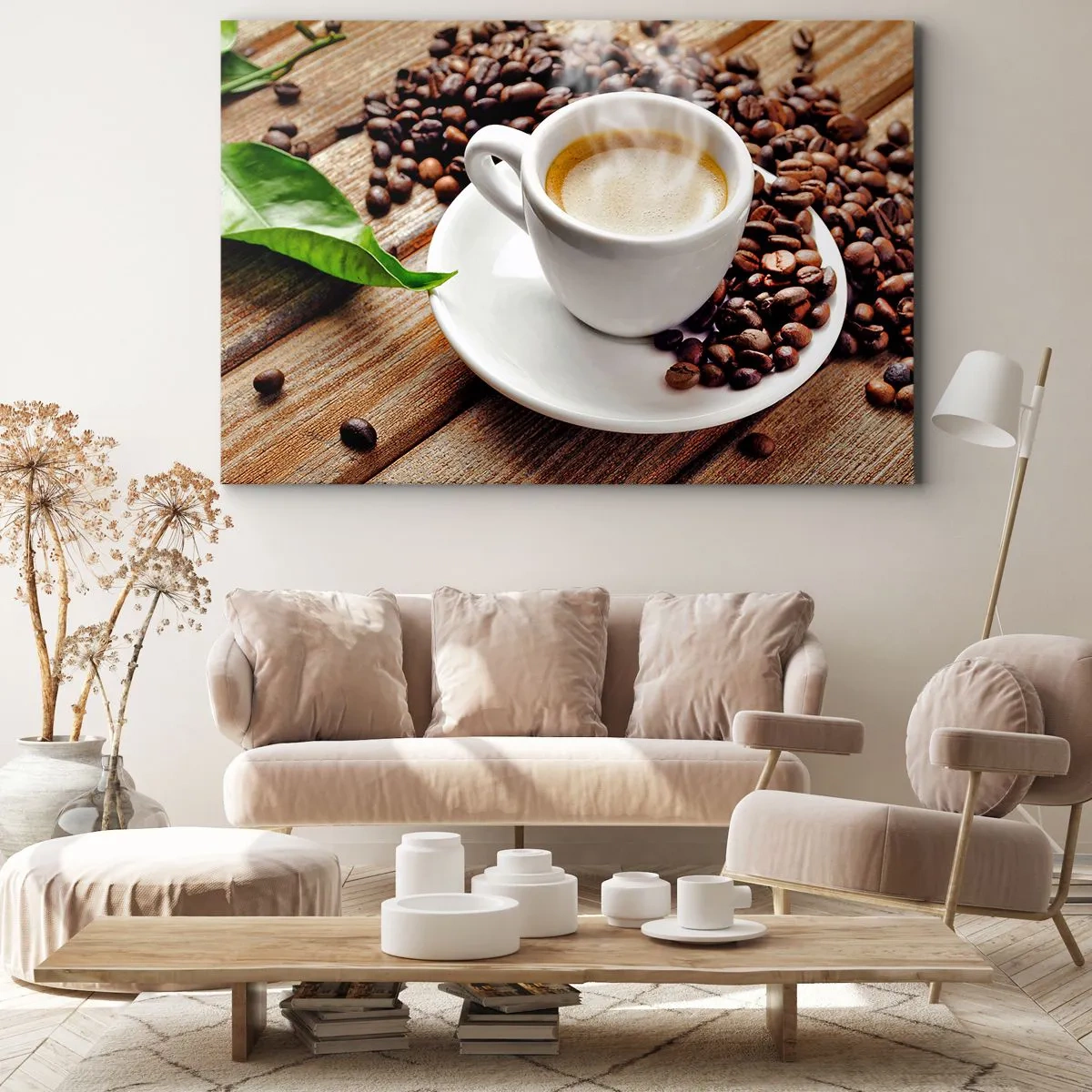 Quadro su tela - Stampe su Tela - Una tazza di caffè aromatico sullo sfondo di chicchi e una foglia - 120x80cm - Il caffè è pronto - Decorazione murale moderna per soggiorno e camera da letto ARTTOR