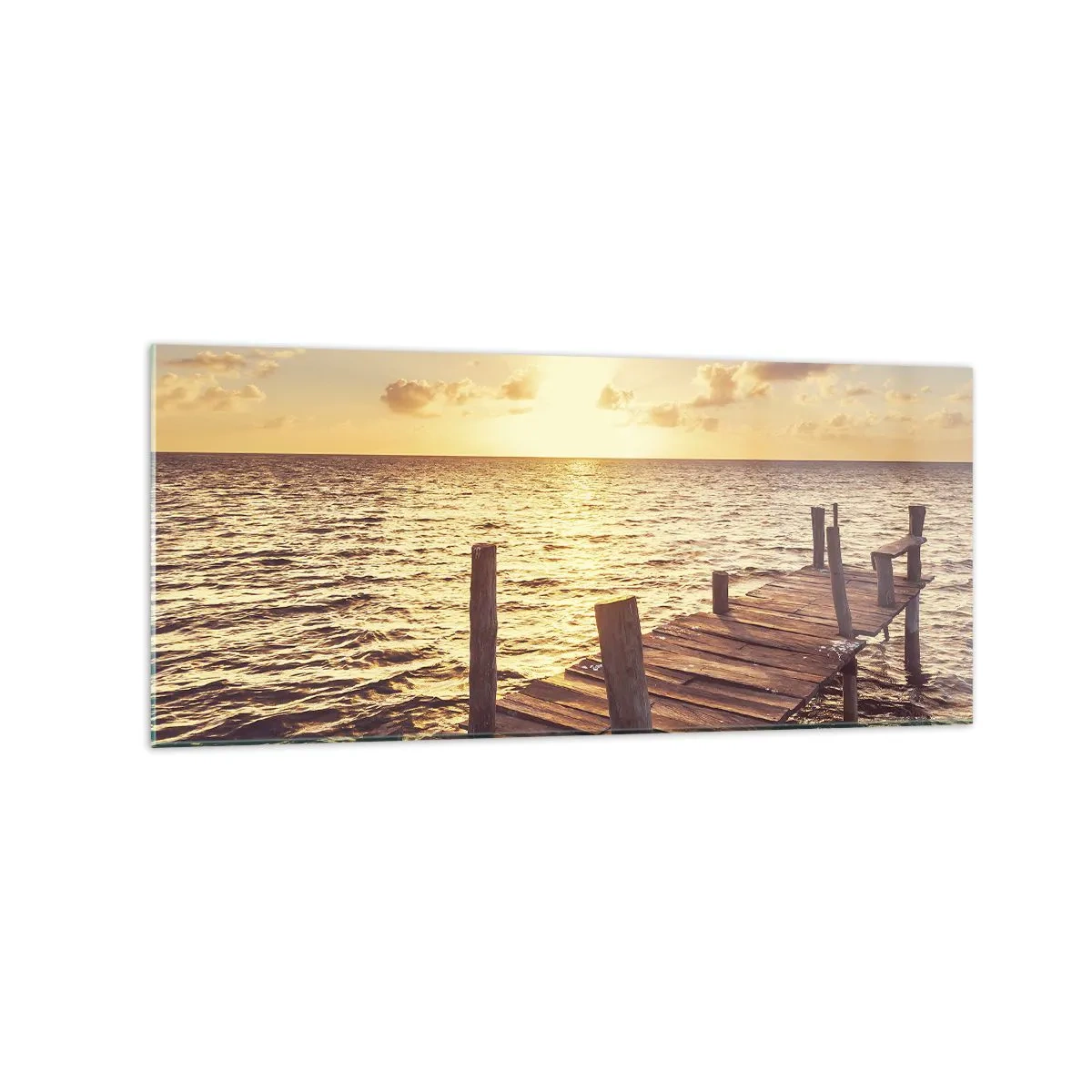 Quadro su vetro - Un molo di legno che conduce verso il tramonto - 120x50cm - Il paese dorato della mitezza - Decorazione murale moderna per soggiorno e camera da letto ARTTOR