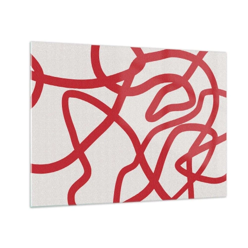 Quadro su vetro - Linee rosse che turbinano dinamicamente su uno sfondo bianco - 70x50cm - Rosso su bianco - Decorazione murale moderna per soggiorno e camera da letto ARTTOR