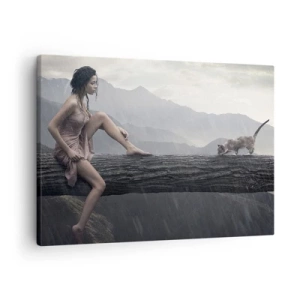 Quadro su tela - Stampe su Tela - Una donna e un gatto su un tronco d'albero sotto la pioggia, con vista sulle montagne. - 70x50cm - Cime di bellezza - Decorazione murale moderna per soggiorno e camera da letto ARTTOR
