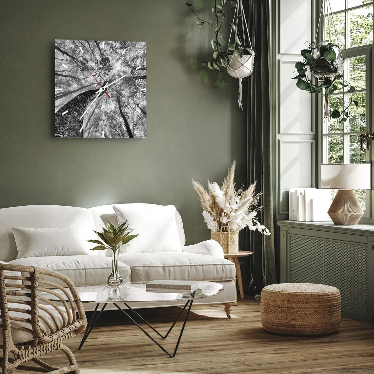 Orologio da parete - Orologio in Vetro - Prospettiva degli alberi in una foresta visti dal basso in tonalità di grigio - 30x30cm - La corsa verso la luce - Decorazione murale moderna per soggiorno e camera da letto ARTTOR