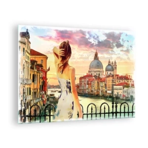 Quadro su vetro - Una donna ammira il panorama di Venezia al tramonto. - 70x50cm - Se un'avventura allora solo a... - Decorazione murale moderna per soggiorno e camera da letto ARTTOR