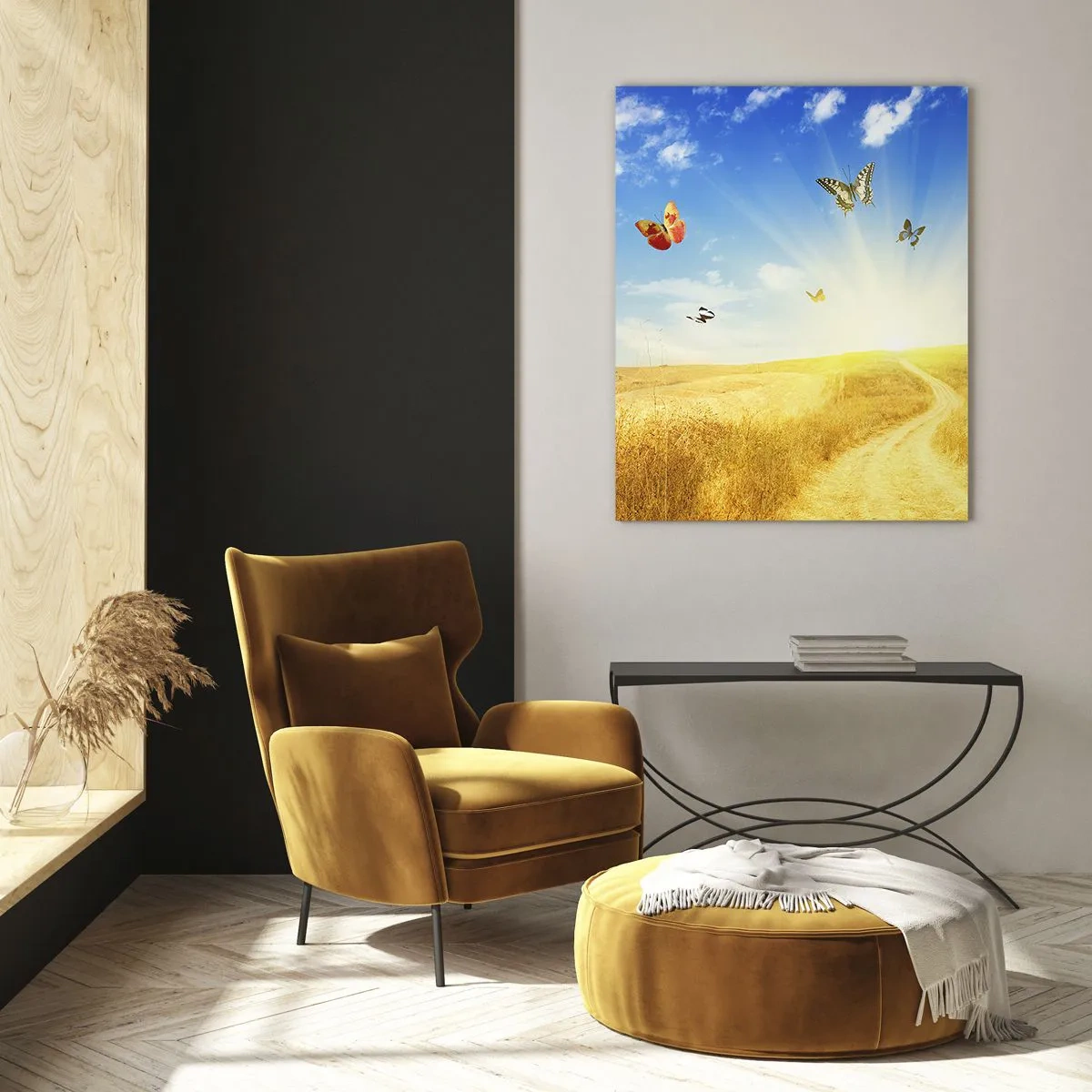 Quadro su vetro - Un campo dorato, un sentiero e farfalle contro un cielo azzurro - 80x120cm - Come non amare l'estate? - Decorazione murale moderna per soggiorno e camera da letto ARTTOR