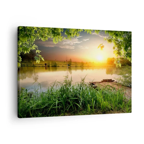 Quadro su tela - Stampe su Tela - Paesaggio verde con un lago al tramonto - 70x50cm - Paesaggio incorniciato di verde - Decorazione murale moderna per soggiorno e camera da letto ARTTOR