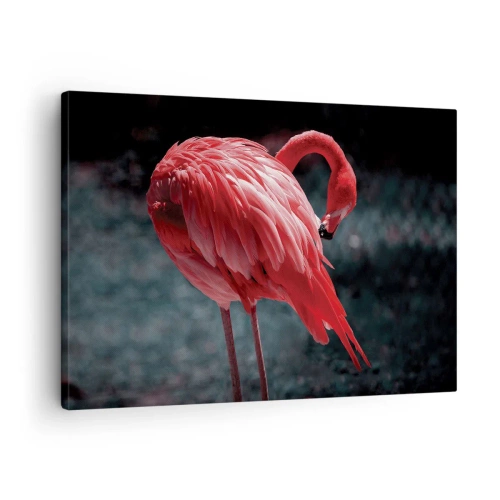 Quadro su tela - Stampe su Tela - Un fenicottero rosa su uno sfondo verde scuro - 70x50cm - La poesia cremisi della natura - Decorazione murale moderna per soggiorno e camera da letto ARTTOR