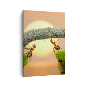 Quadro su tela - Stampe su Tela - Formiche che costruiscono un ponte di rami sullo sfondo del sole al tramonto. - 50x70cm - Gioioso lavoro comune - Decorazione murale moderna per soggiorno e camera da letto ARTTOR