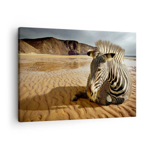 Quadro su tela - Stampe su Tela - Una zebra che riposa su una spiaggia sabbiosa con scogliere sullo sfondo. - 70x50cm - Fatti l'uno per l'altra - Decorazione murale moderna per soggiorno e camera da letto ARTTOR