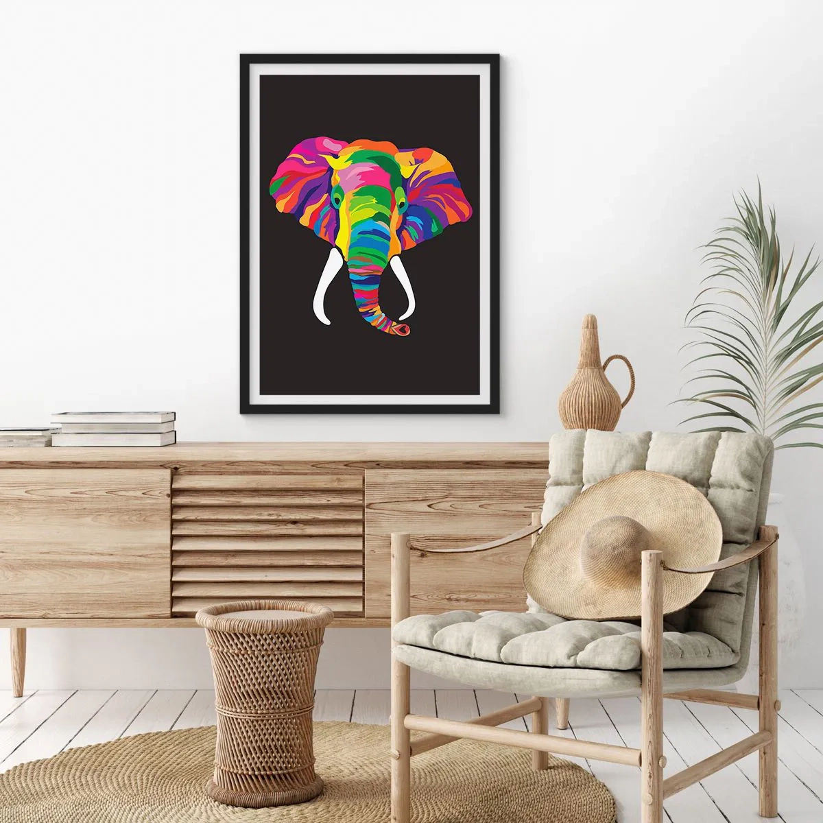Poster in cornice nera - L'elefante che faceva il bagno nell'arcobaleno - 70x100 cm