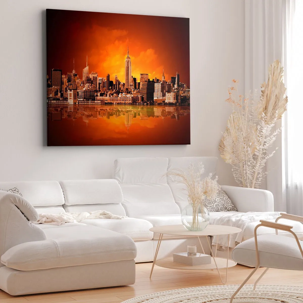 Quadro su tela - Stampe su Tela - Panorama della città al tramonto con gli edifici riflessi nell'acqua - 70x50cm - Panorama di grande città in giallo e marrone - Decorazione murale moderna per soggiorno e camera da letto ARTTOR