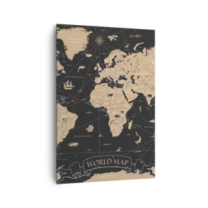 Quadro su tela - Stampe su Tela - Una mappa del mondo stilizzata su sfondo nero con dettagli beige. - 70x100cm - I confini del mio mondo - Decorazione murale moderna per soggiorno e camera da letto ARTTOR