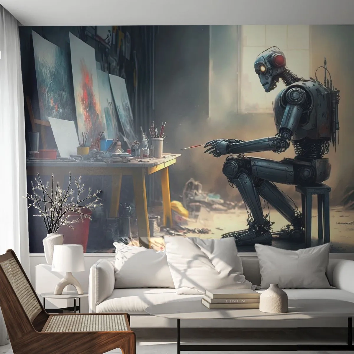 Fotomurali Premium Sand - Un robot che dipinge in uno studio d'arte vicino alla finestra - 100x70cm - Atto creativo - Decorazione murale moderna per soggiorno e camera da letto ARTTOR