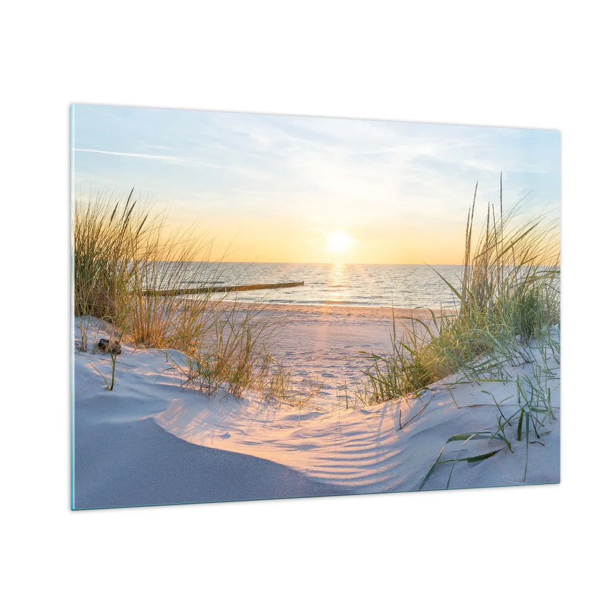 Quadro su vetro - Spiaggia al tramonto con vista sul mare e sulle dune - 100x70cm - Rumore del mare, uccelli che cantano, spiaggia selvatica tra i cespugli... - Decorazione murale moderna per soggiorno e camera da letto ARTTOR