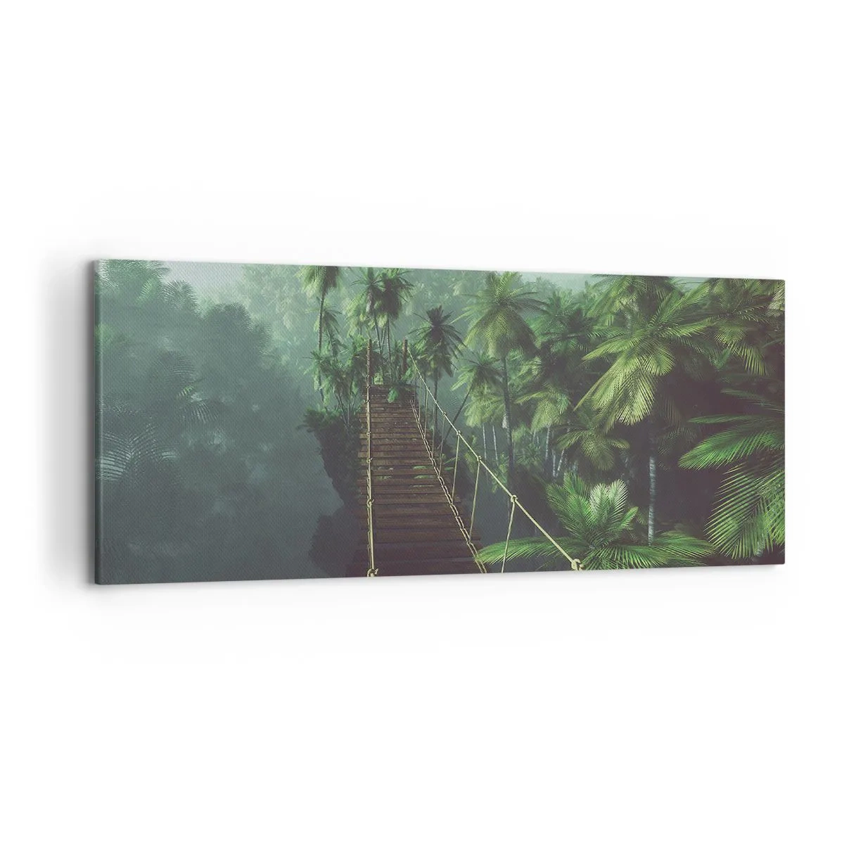 Quadro su tela - Stampe su Tela - Un ponte sospeso in una foresta tropicale circondato dalla nebbia. - 120x50cm - Nel vortice del verde - Decorazione murale moderna per soggiorno e camera da letto ARTTOR