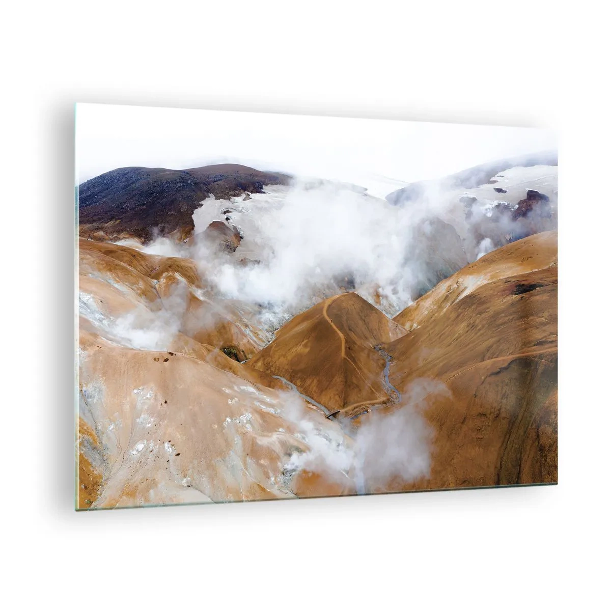 Quadro su vetro - Vista aerea delle fumanti colline e valli islandesi - 70x50cm - La bellezza severa dell'Islanda - Decorazione murale moderna per soggiorno e camera da letto ARTTOR