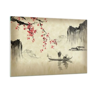Quadro su vetro - Scena di pesca orientale con ramo di ciliegio in fiore e montagne - 120x80cm - Nel paese dei ciliegi in fiore - Decorazione murale moderna per soggiorno e camera da letto ARTTOR