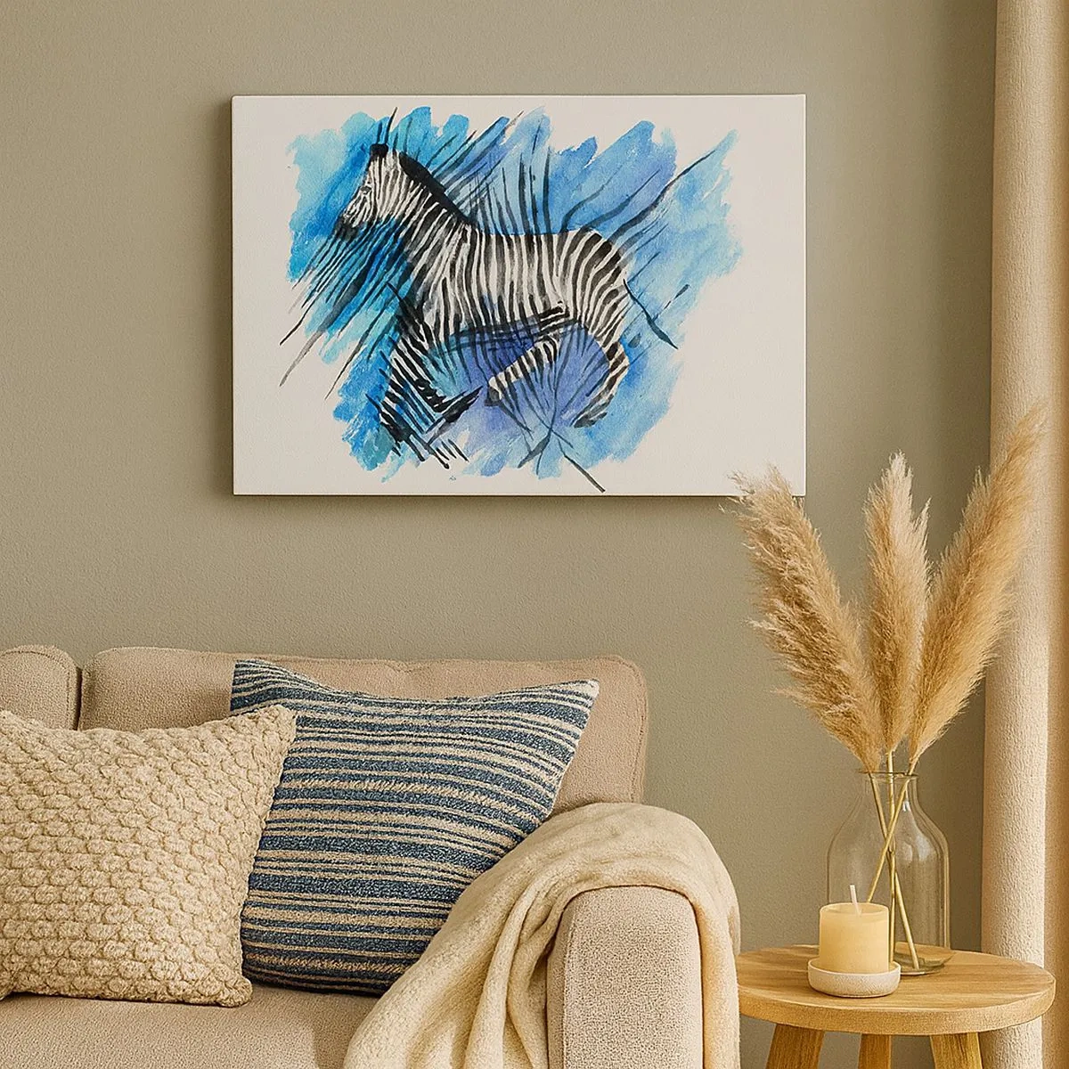 Quadro su tela - Stampe su Tela - Illustrazione ad acquerello di una zebra contro un cielo blu - 70x50cm - Nascosta nelle strisce - Decorazione murale moderna per soggiorno e camera da letto ARTTOR
