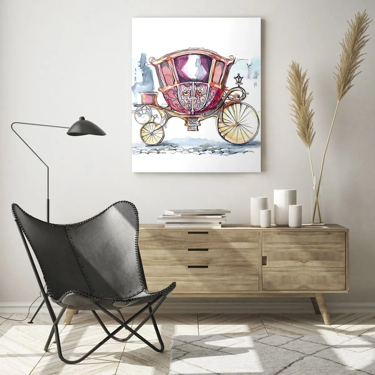 Quadro su vetro - Un'elegante carrozza in stile acquerello su uno sfondo di strada - 50x70cm - Al matrimonio o al ballo? - Decorazione murale moderna per soggiorno e camera da letto ARTTOR