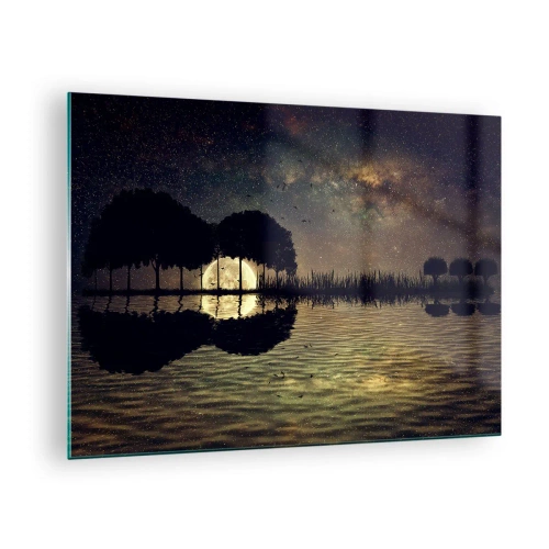 Quadro su vetro - Scena notturna con luna piena riflessa nell'acqua - 70x50cm - Notte ai confini del mondo - Decorazione murale moderna per soggiorno e camera da letto ARTTOR