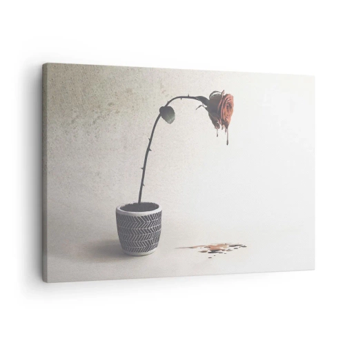 Quadro su tela - Stampe su Tela - Una rosa rossa in un vaso con gocce di tintura su uno sfondo bianco - 70x50cm - Rosa dolorosa - Decorazione murale moderna per soggiorno e camera da letto ARTTOR