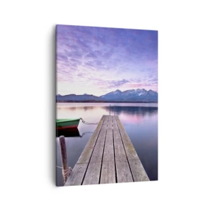 Quadro su tela - Stampe su Tela - Un molo di legno con una barca su un lago circondato da montagne al tramonto - 50x70cm - Silenzio amichevole - Decorazione murale moderna per soggiorno e camera da letto ARTTOR