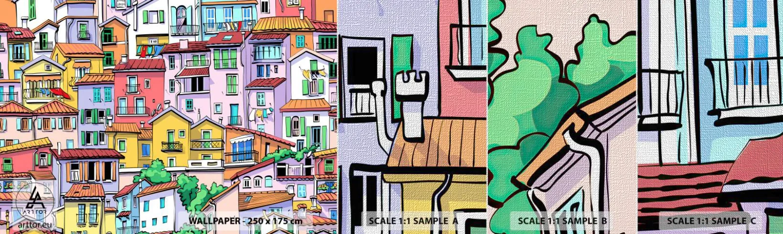 Campione di Fotomurale Premium Canvas - Città allegra - Città, Case popolari, Case - 100x30 cm